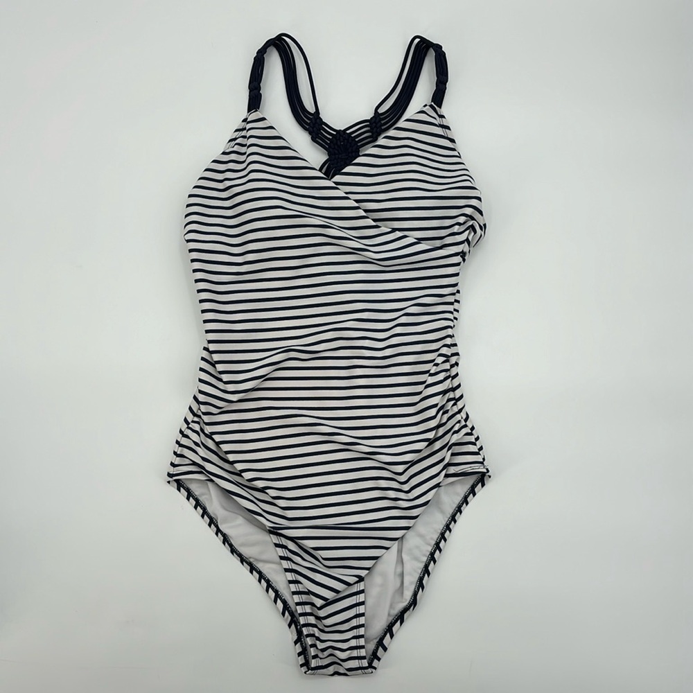 Kona Sol‎ Women's Swimwear High Coverage One Piece Striped Navy/White Size Large